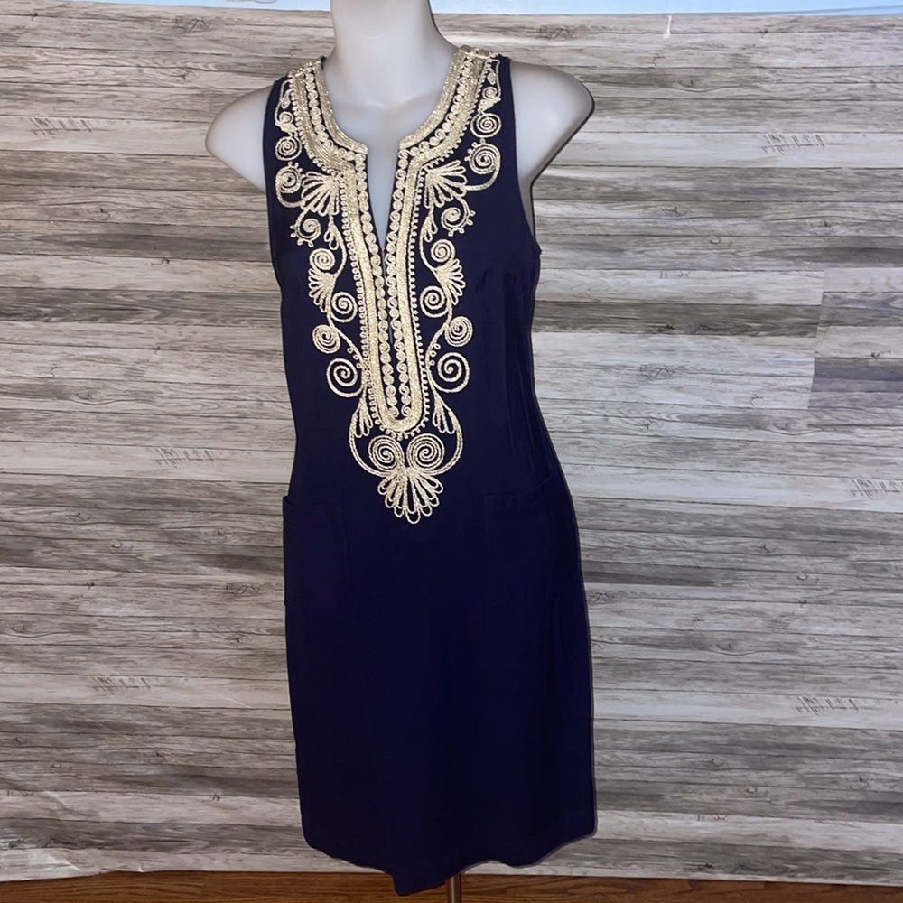 LILLY PULITZER Carlotta Stretch Shift Dress True Navy and Gold Sz 00 Preppy - Picture 2 of 10